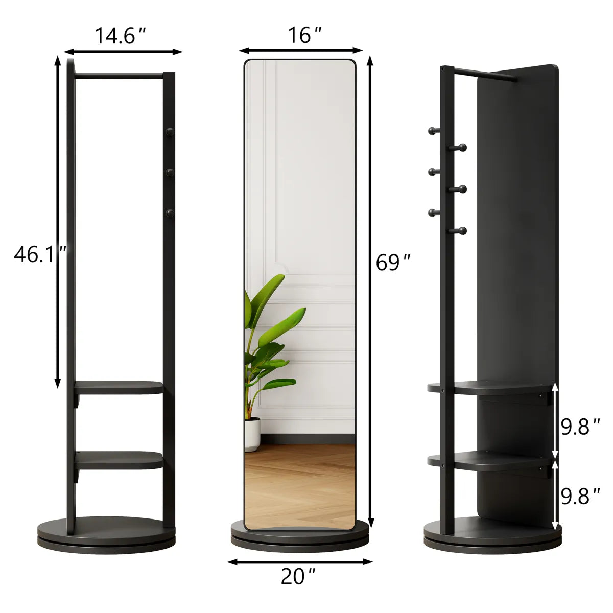 360° Rotating Full-Length Floor Mirror with Coat Rack & Hook Storage, Black – view 4