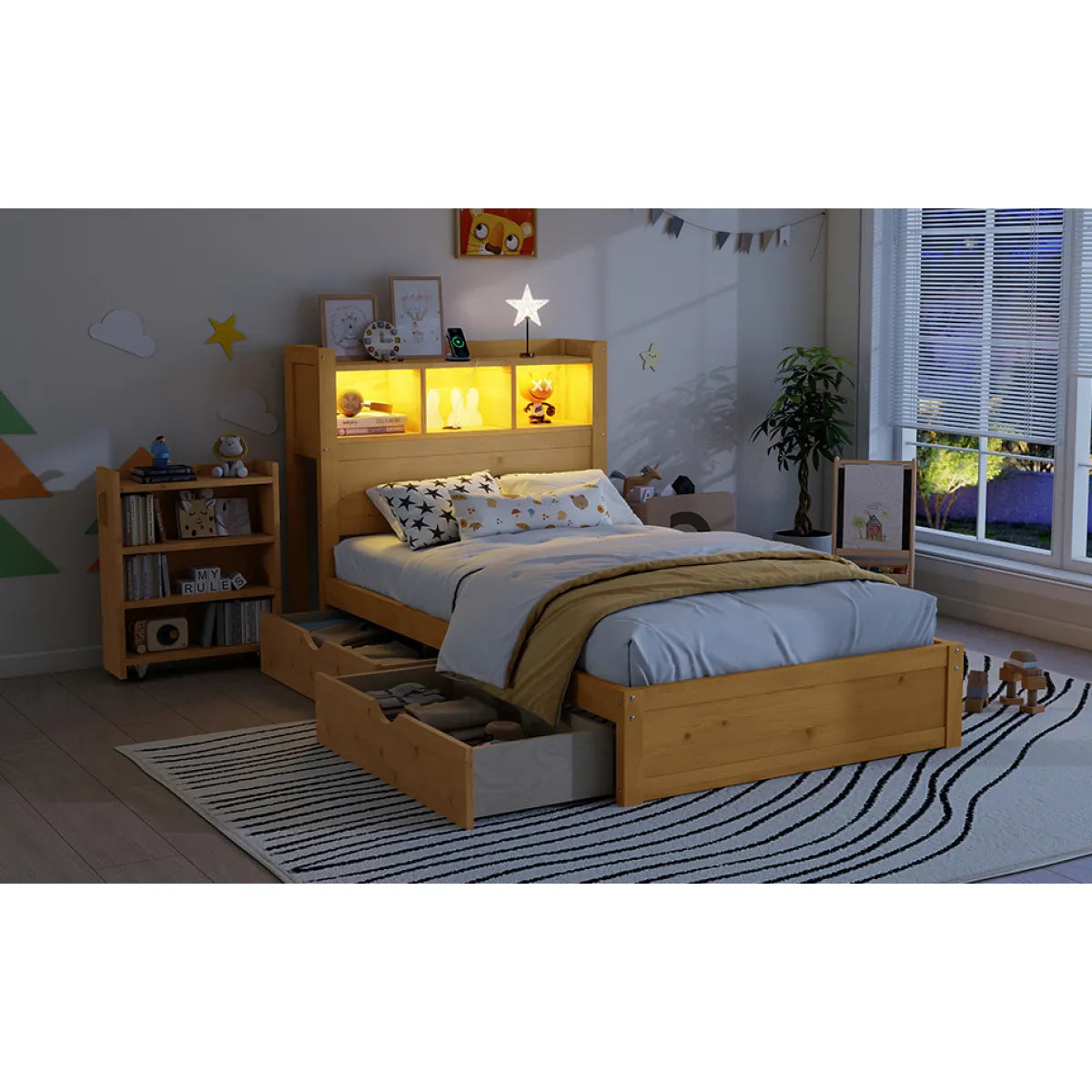 Twin Wood Bed Frame with Storage Headboard, Pull-Out Cabinet. – view 5