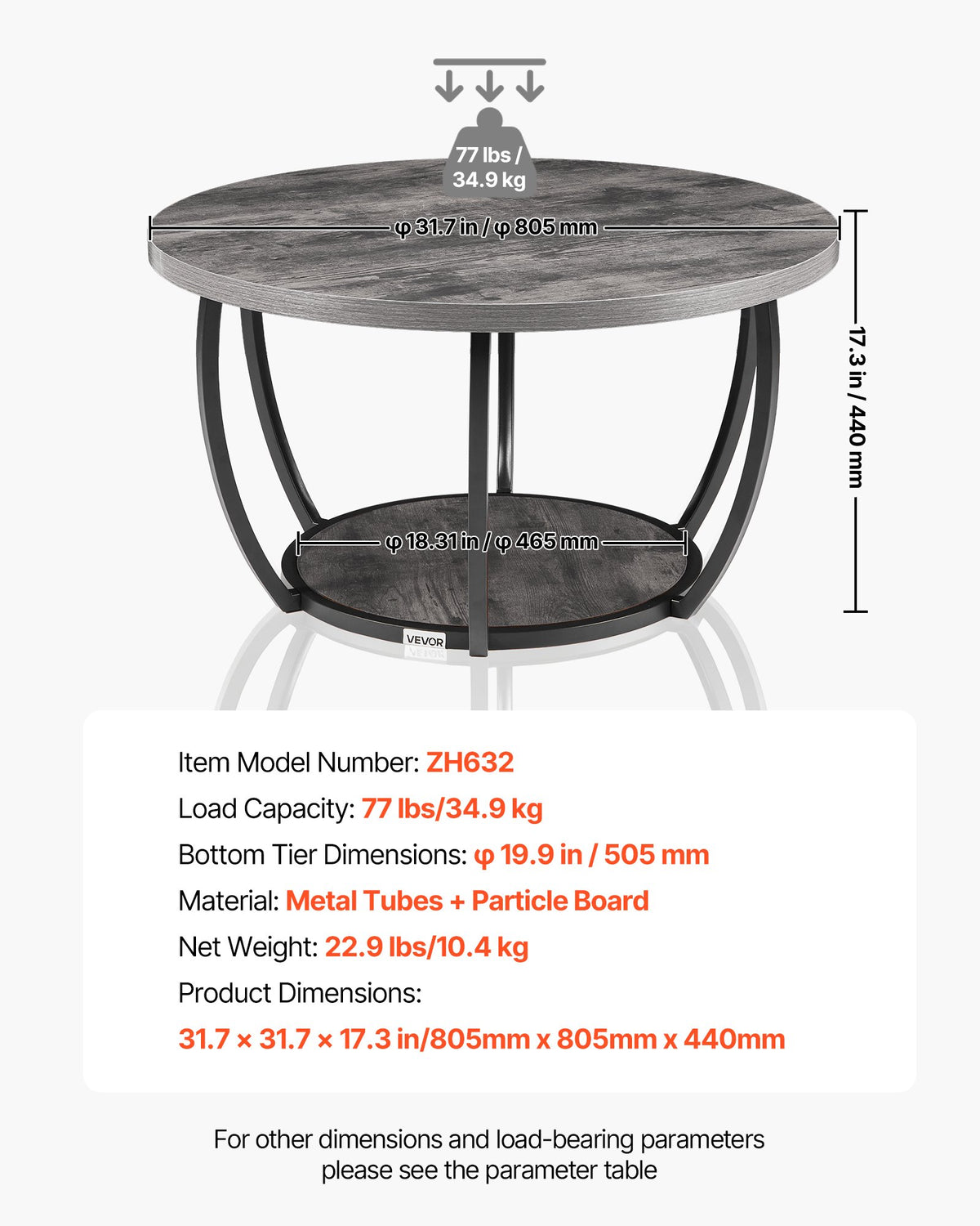 Round 2-tier coffee table, charcoal gray