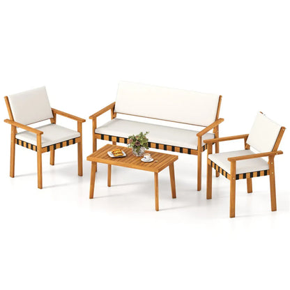 4-Piece Acacia Wood Patio Conversation Set with Cushions, Loveseat, Armchairs and Coffee Table