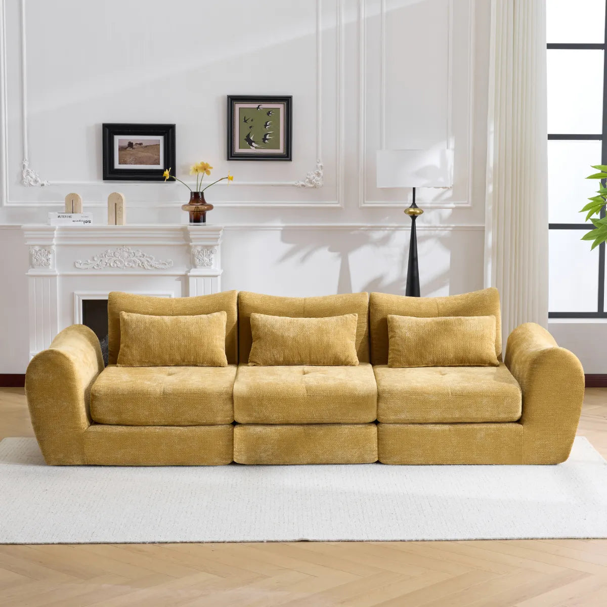 3-Seat Modular Cloud Sofa Bed, Yellow Chenille – view 4
