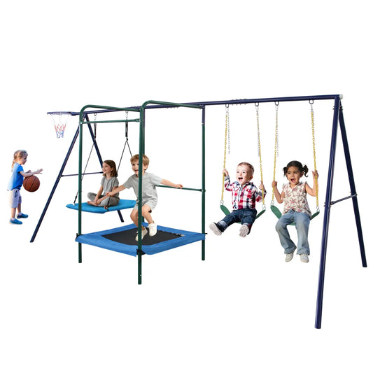 4-in-1 Outdoor Swing Set with Belt Swings, Hammock Swing, Trampoline and Basketball Hoop