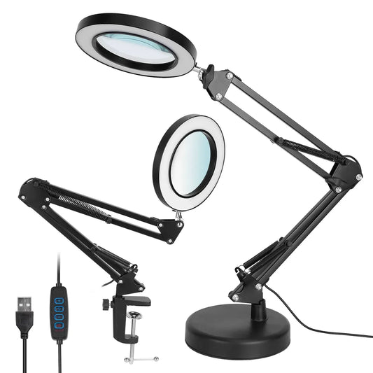 LED Magnifier Desk Lamp with 8x Magnifying Glass and Swing Arm, USB Powered