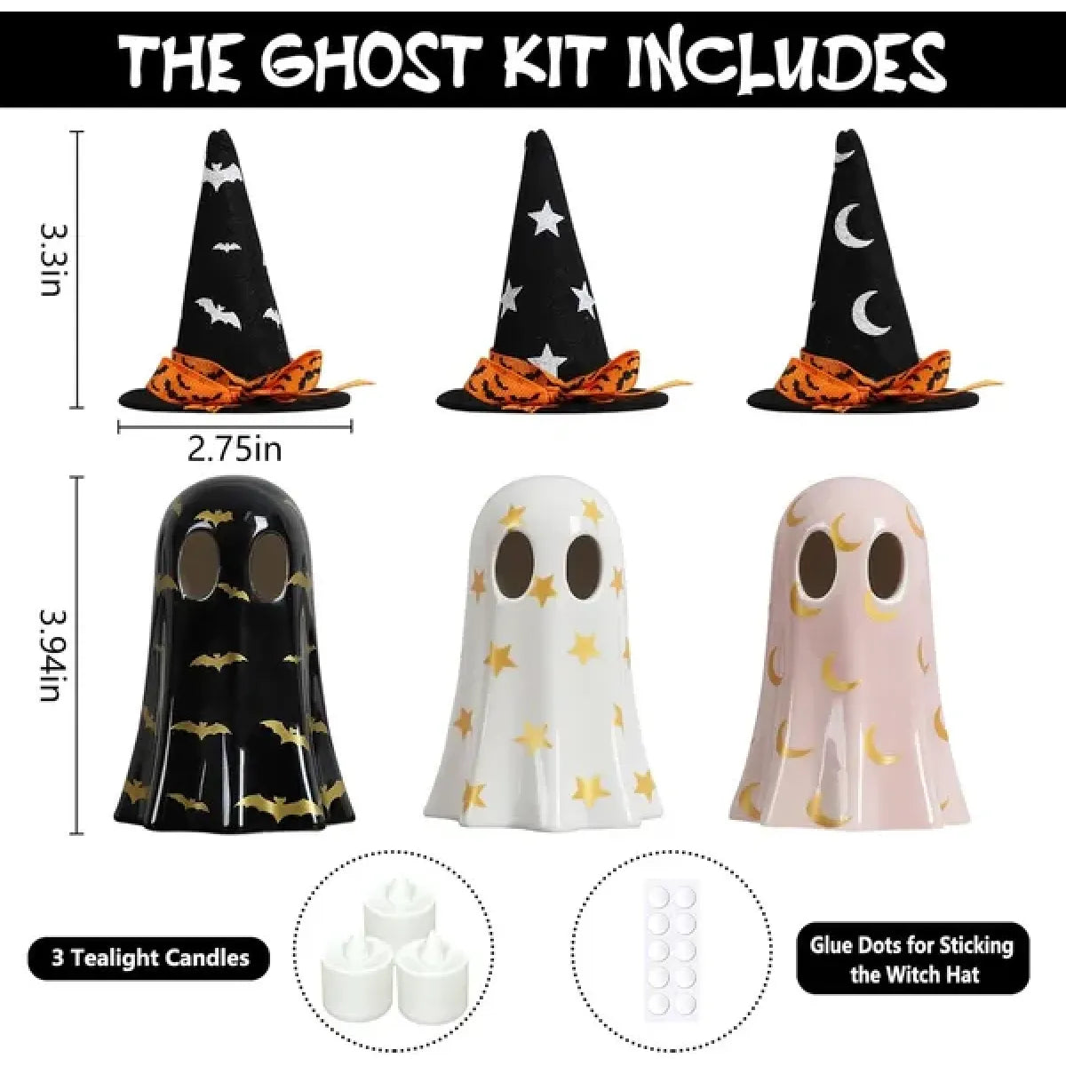 Set of 3 Ceramic Halloween Ghosts with Witch Hats, Spooky Mantel and Shelf Decor