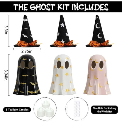 Set of 3 Ceramic Halloween Ghosts with Witch Hats, Spooky Mantel and Shelf Decor