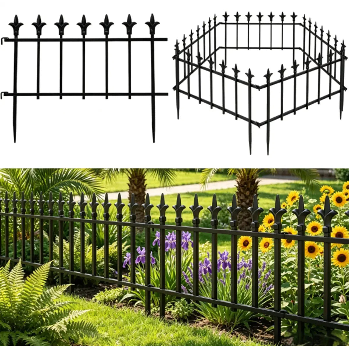 Foldable Decorative Metal Garden Border Fence, 10-Pack, Black