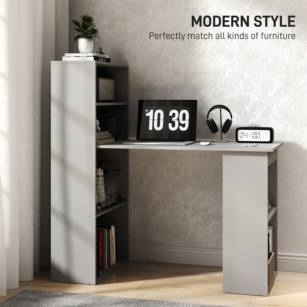 Compact computer desk with 6-tier bookshelf, gray