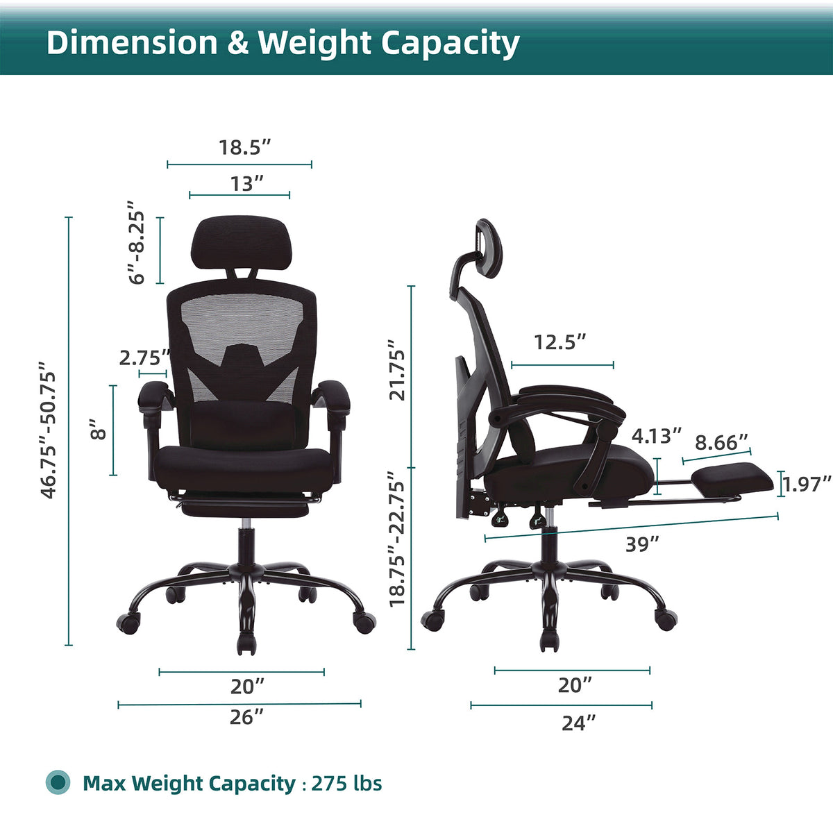 Reclining ergonomic office chair with footrest