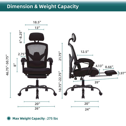 Reclining ergonomic office chair with footrest
