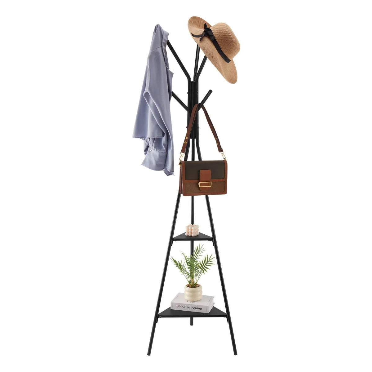 Freestanding Coat Rack with 2 Shelves and 6 Hooks, Black