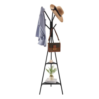 Freestanding Coat Rack with 2 Shelves and 6 Hooks, Black