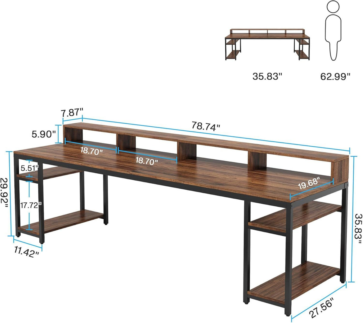 Two-person desk with monitor stands, 78 inch