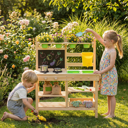 Kids Wooden Mud Kitchen – Outdoor Pretend Play with Garden Tools