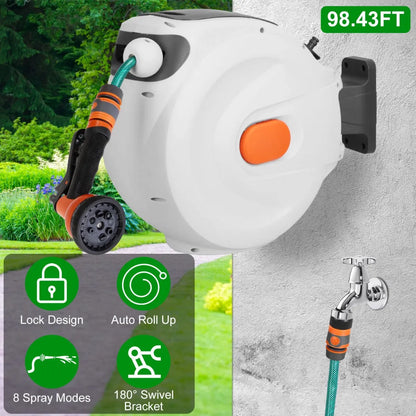 Retractable Wall-Mounted Garden Hose Reel – Auto Lock with 8 Spray Patterns