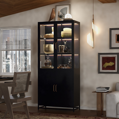 76.75 inch tall glass display cabinet, black