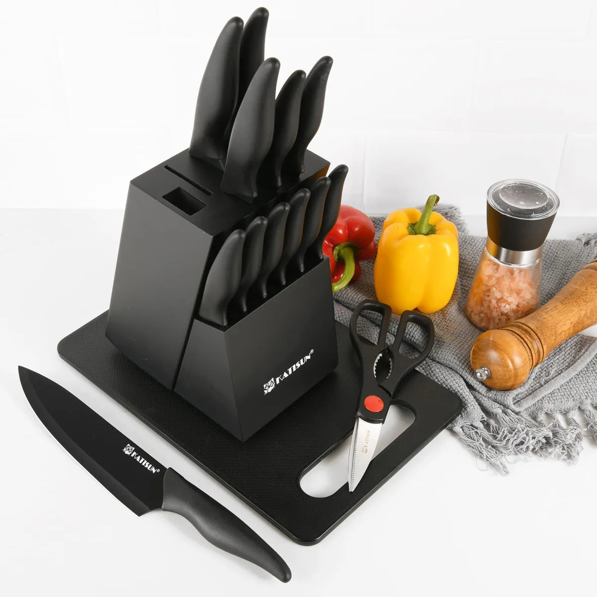 16-Piece Kitchen Knife Block Set – German Stainless Steel with Cutting Board