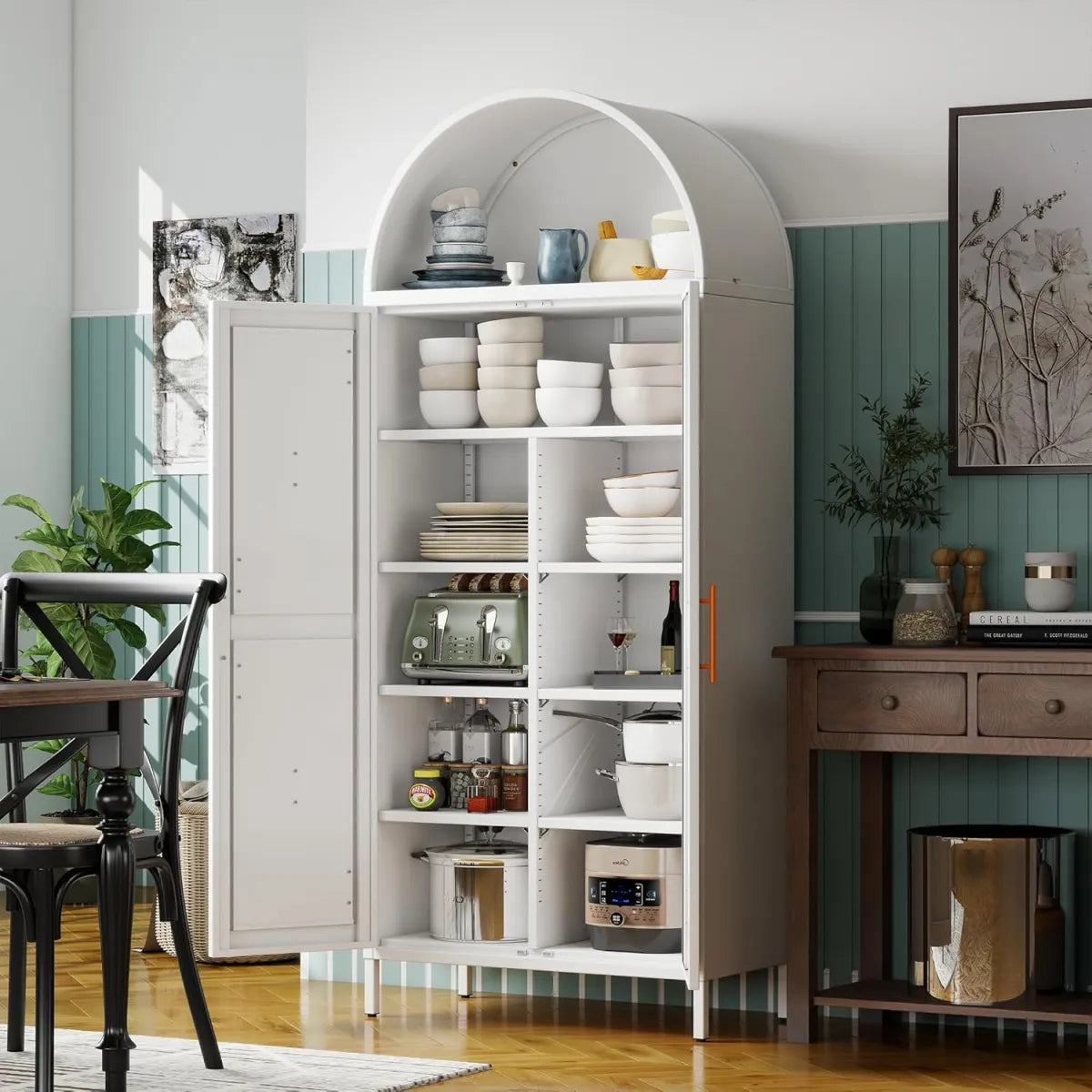 31" Tall Arched Kitchen Pantry Cabinet – Metal, White Freestanding Storage – view 2