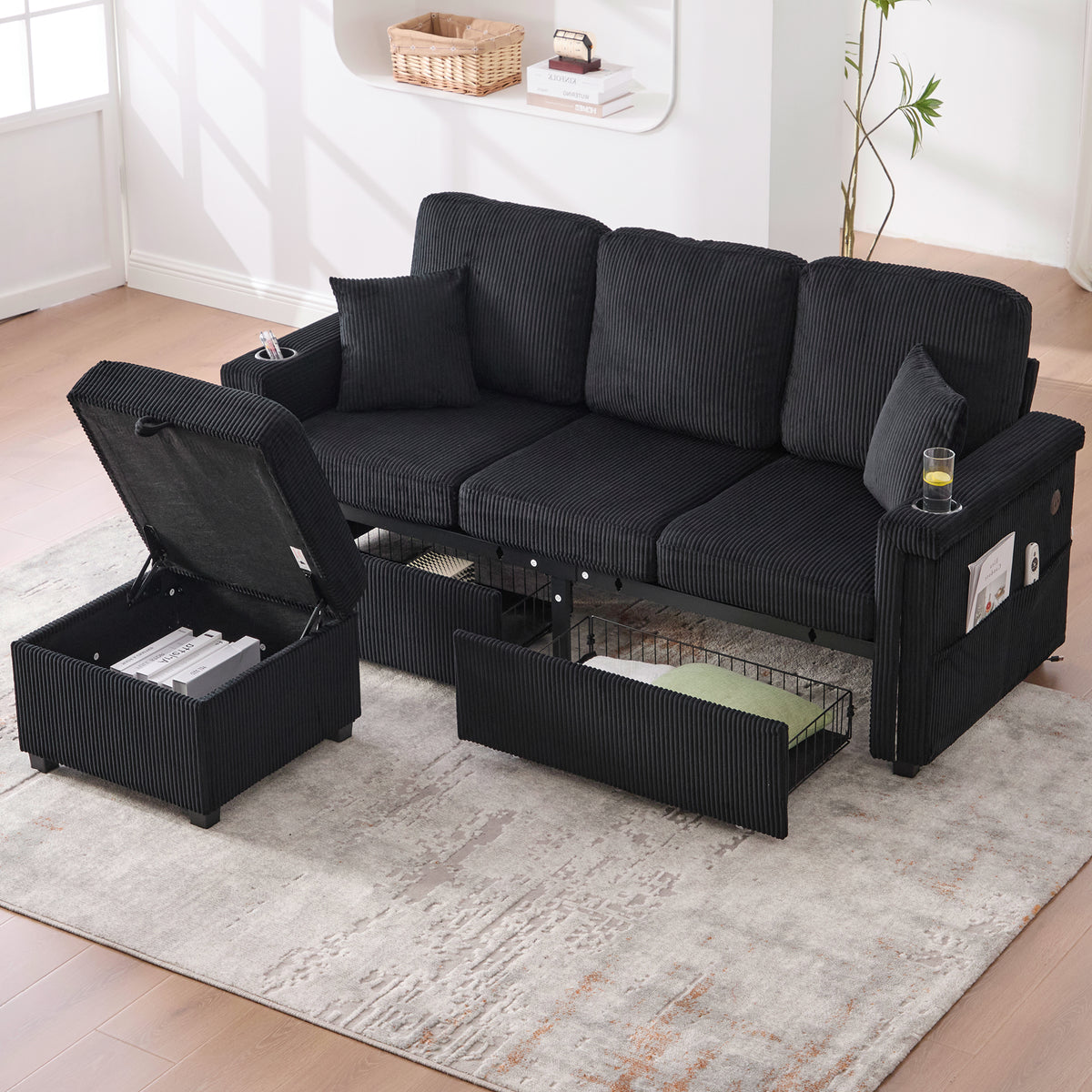 Modular Velvet Sofa with LED & USB-C, Black