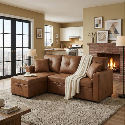 L-Shaped Pull-Out Sleeper Sofa – Reversible Chaise, Storage Sectional, Light Brown – view 3