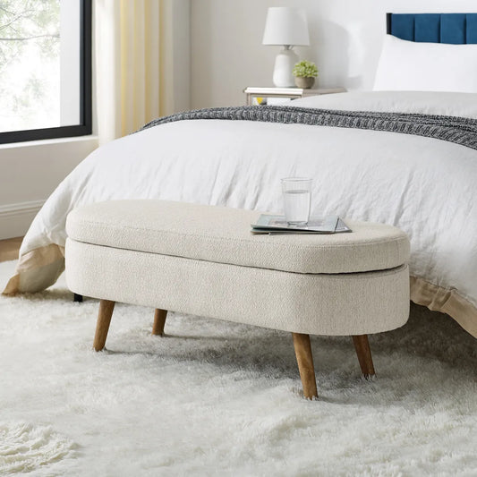 Oval Storage Bench with Rubber Wood Legs, Beige