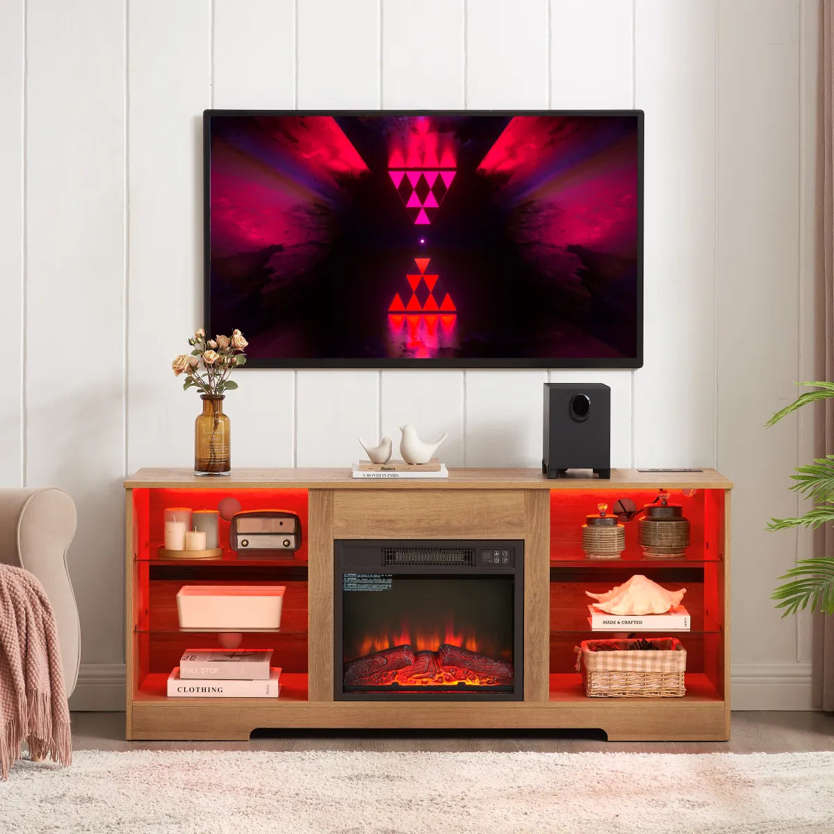 58" Electric Fireplace TV Stand with LED Lights & Glass Shelves – view 4