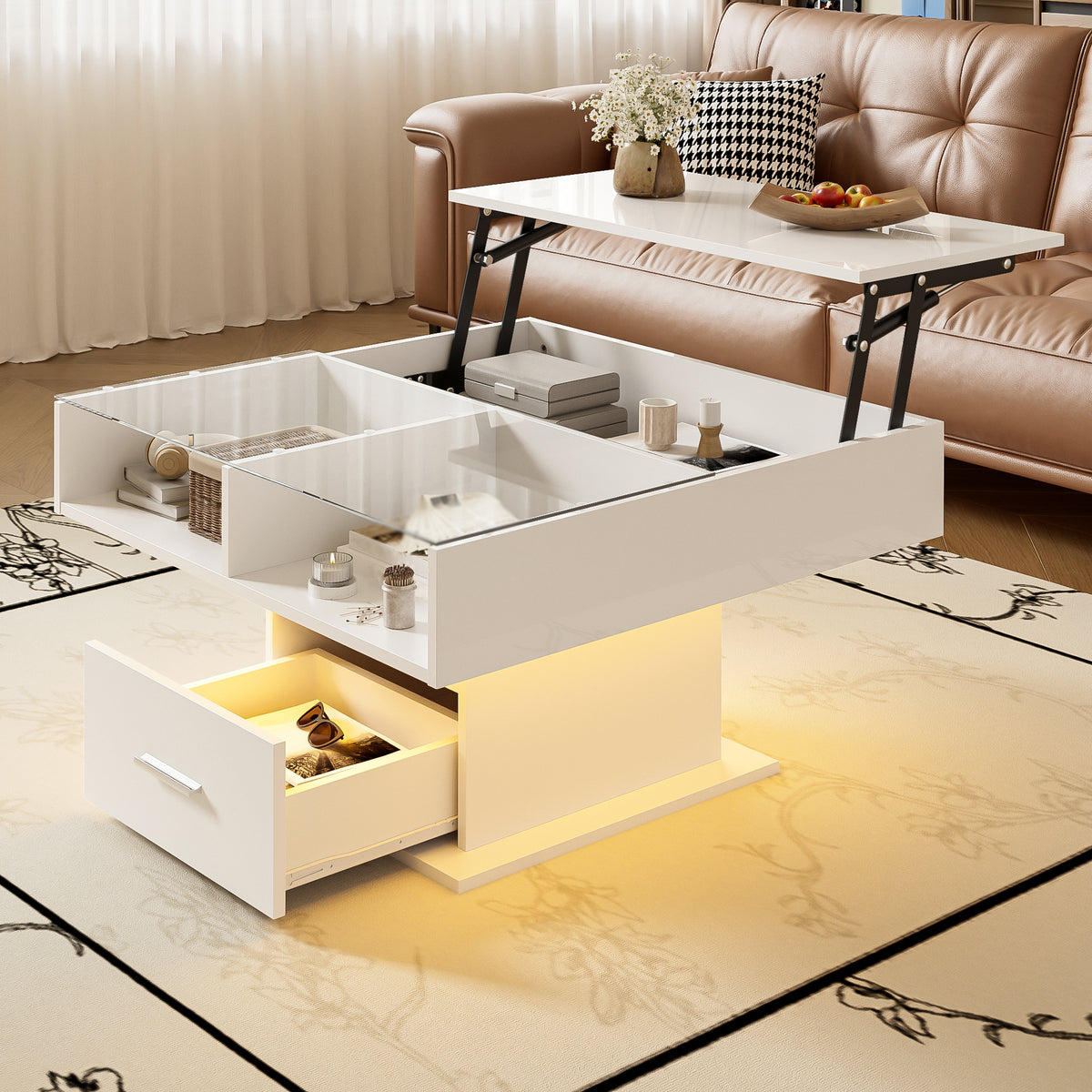 Lift-Top LED Coffee Table, White – alternate view 1