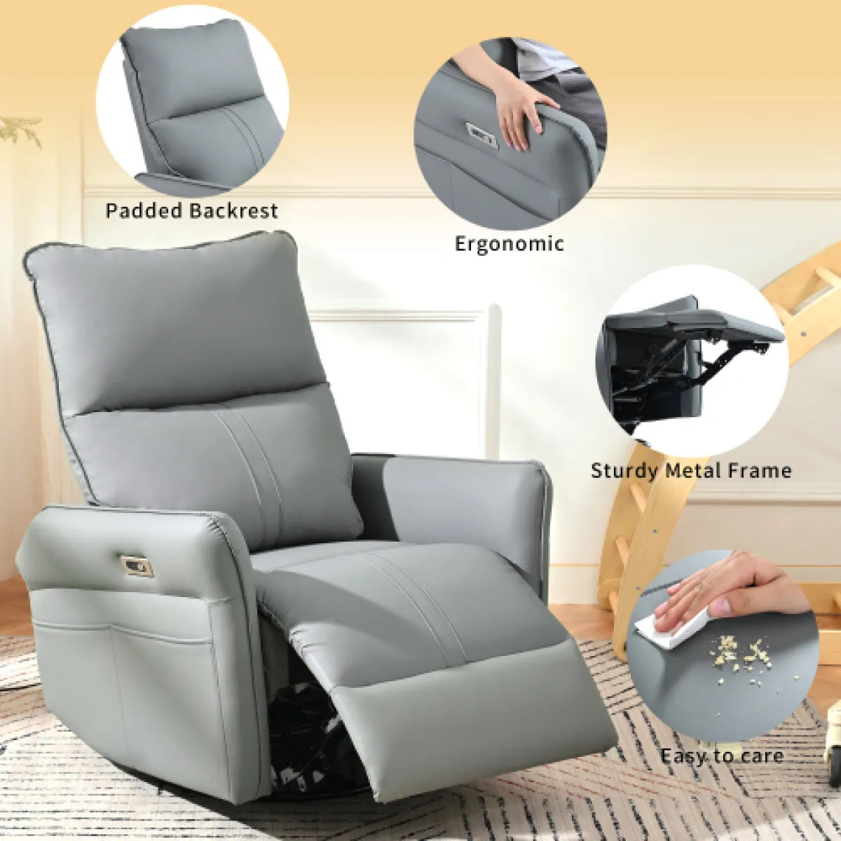 270° Power Swivel Rocker Recliner Chair – PU Leather Glider with USB Ports, Light Gray – view 5