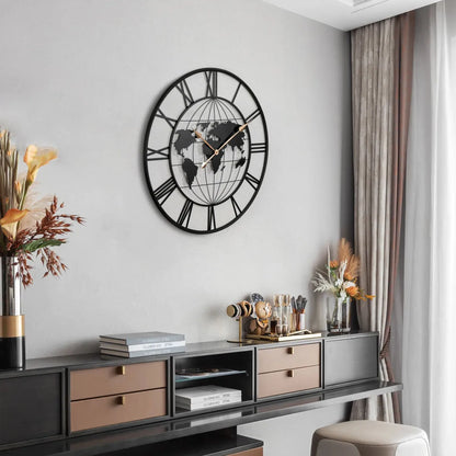 36" Large Black Metal Wall Clock with World Map Design