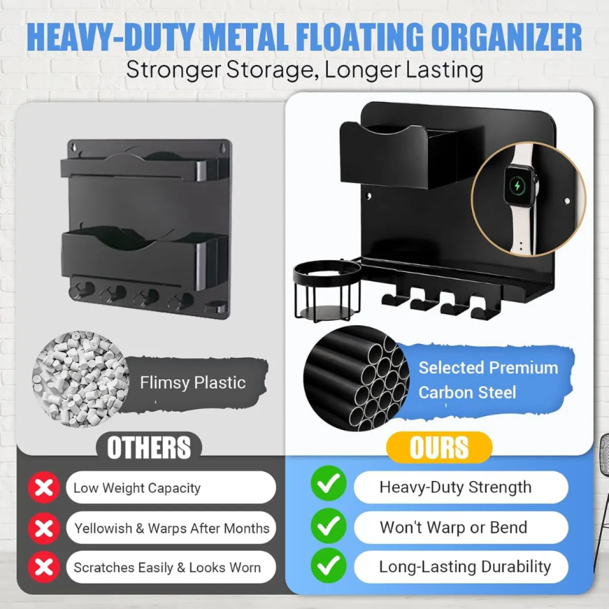No-Drill Floating Metal Bedside Wall Shelf and Organizer