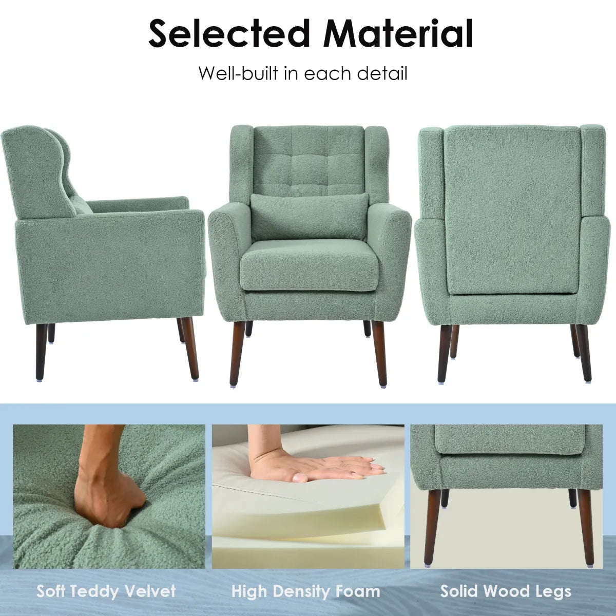 Teddy Fabric Mid-Century Accent Chair, Light Green