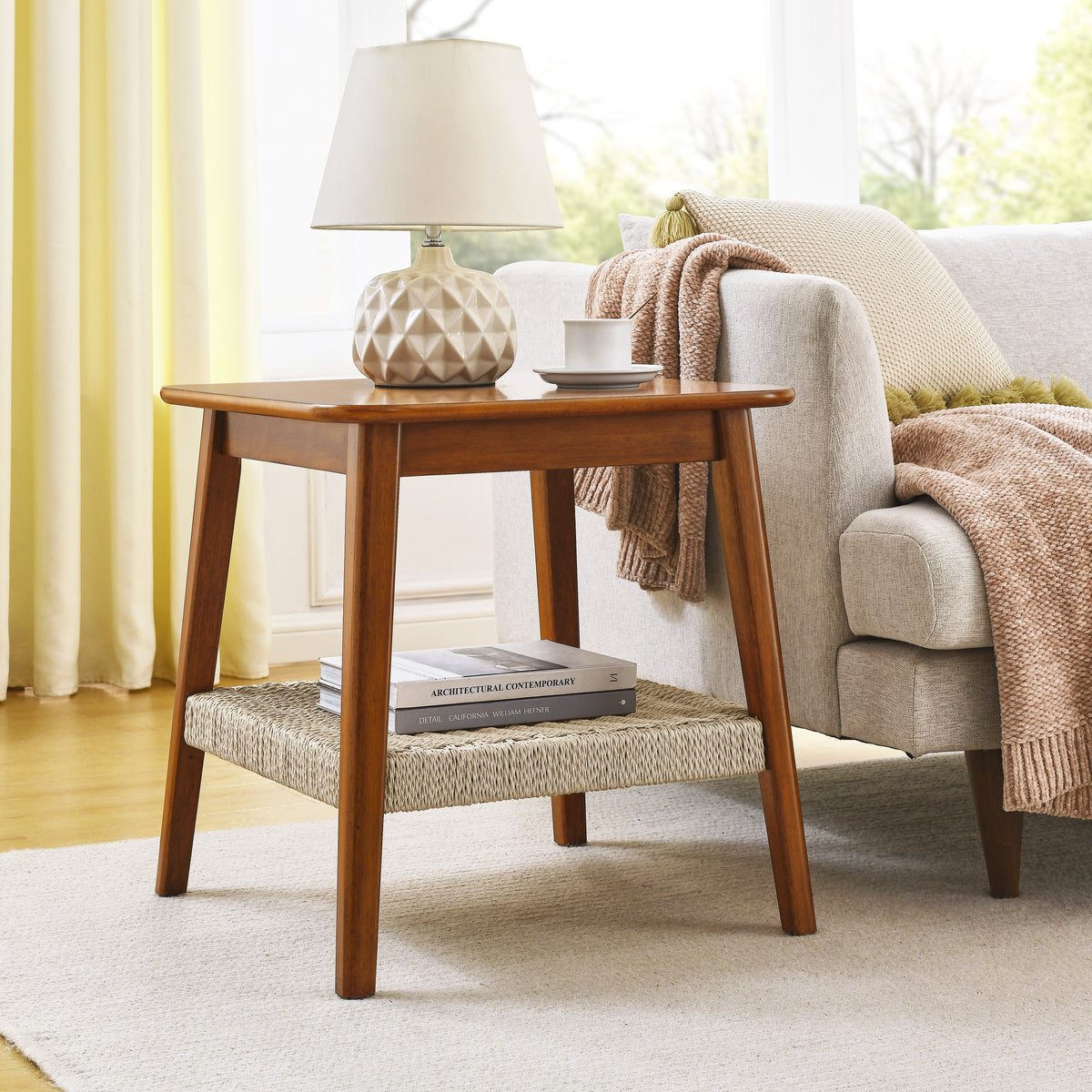 23 inch boho side table with woven shelf, walnut