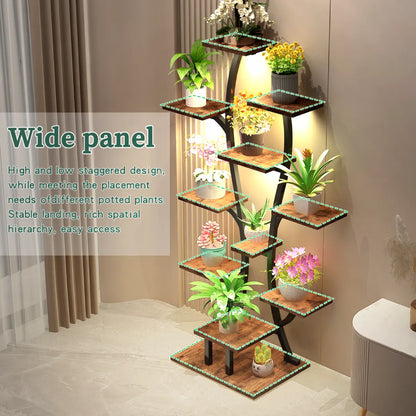 Vase-Shape Metal Plant Stand with Grow Lights, Black Walnut