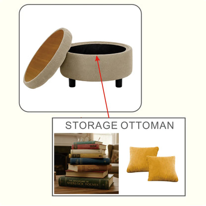 25" Round Storage Ottoman – Wooden Top Coffee Table & Footstool, Camel Fabric – view 5