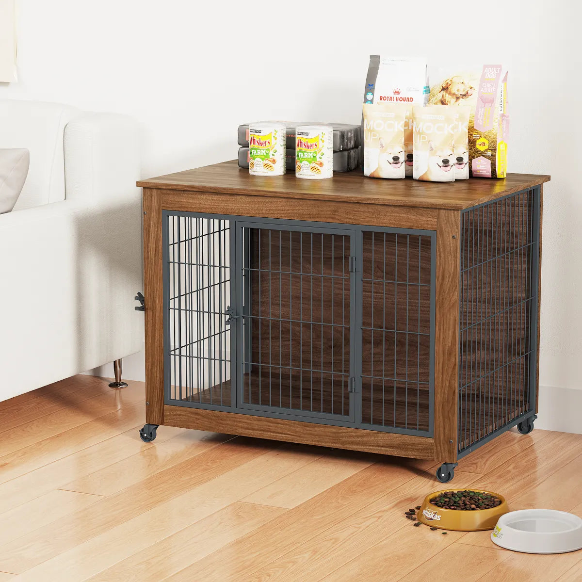 Dog Crate Furniture End Table with Wheels, Brown