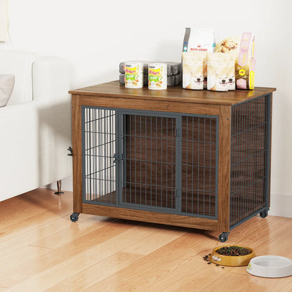 Dog Crate Furniture End Table with Wheels, Brown