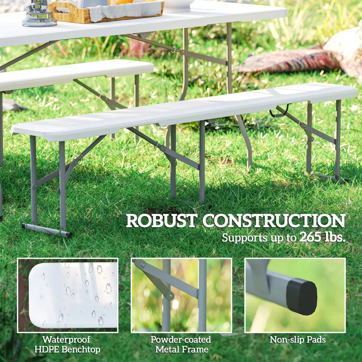 Folding Outdoor Bench Set of 2 – Weatherproof HDPE Camping & Garden Benches, White – view 3