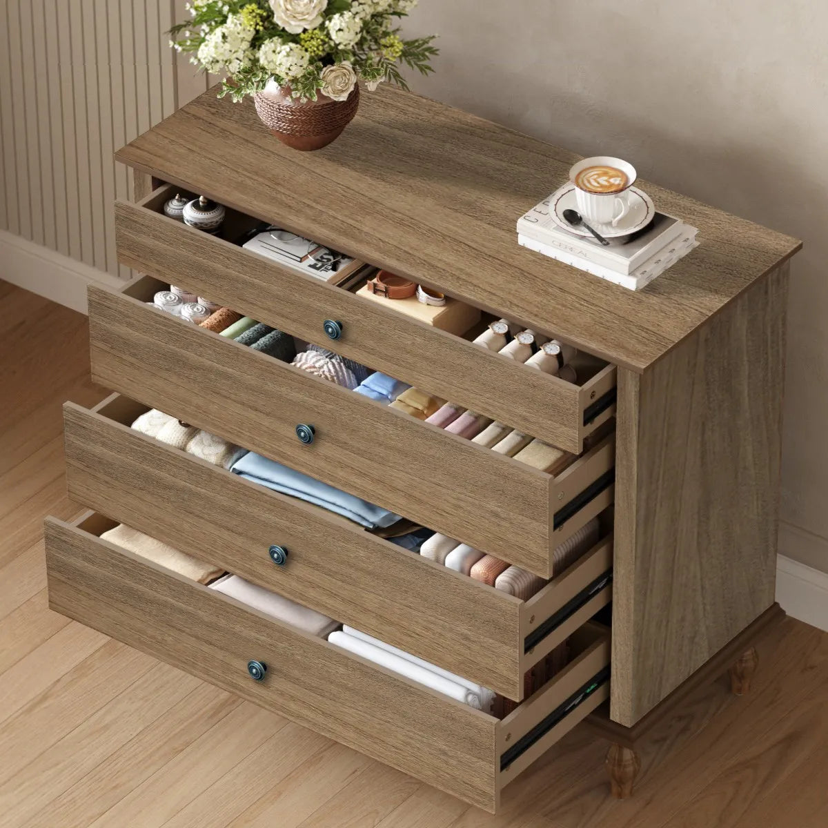 Large 4-Drawer Chest Dresser, Antique Light Brown Finish – view 5