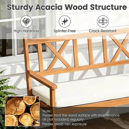 2-Person Acacia Wood Outdoor Loveseat Bench with Removable White Cushion