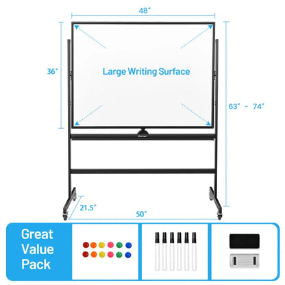 Mobile Magnetic Whiteboard on Wheels, Height Adjustable Double-Sided Reversible