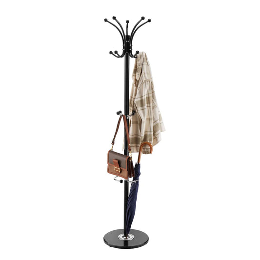 Freestanding Metal Coat Rack with Marble Base and 14 Hooks, Black