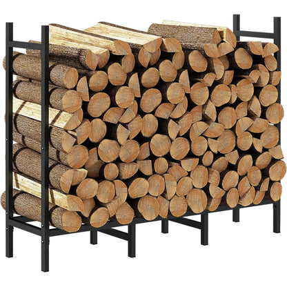 Outdoor Firewood Rack with Waterproof Cover, Heavy Duty Log Storage, Black