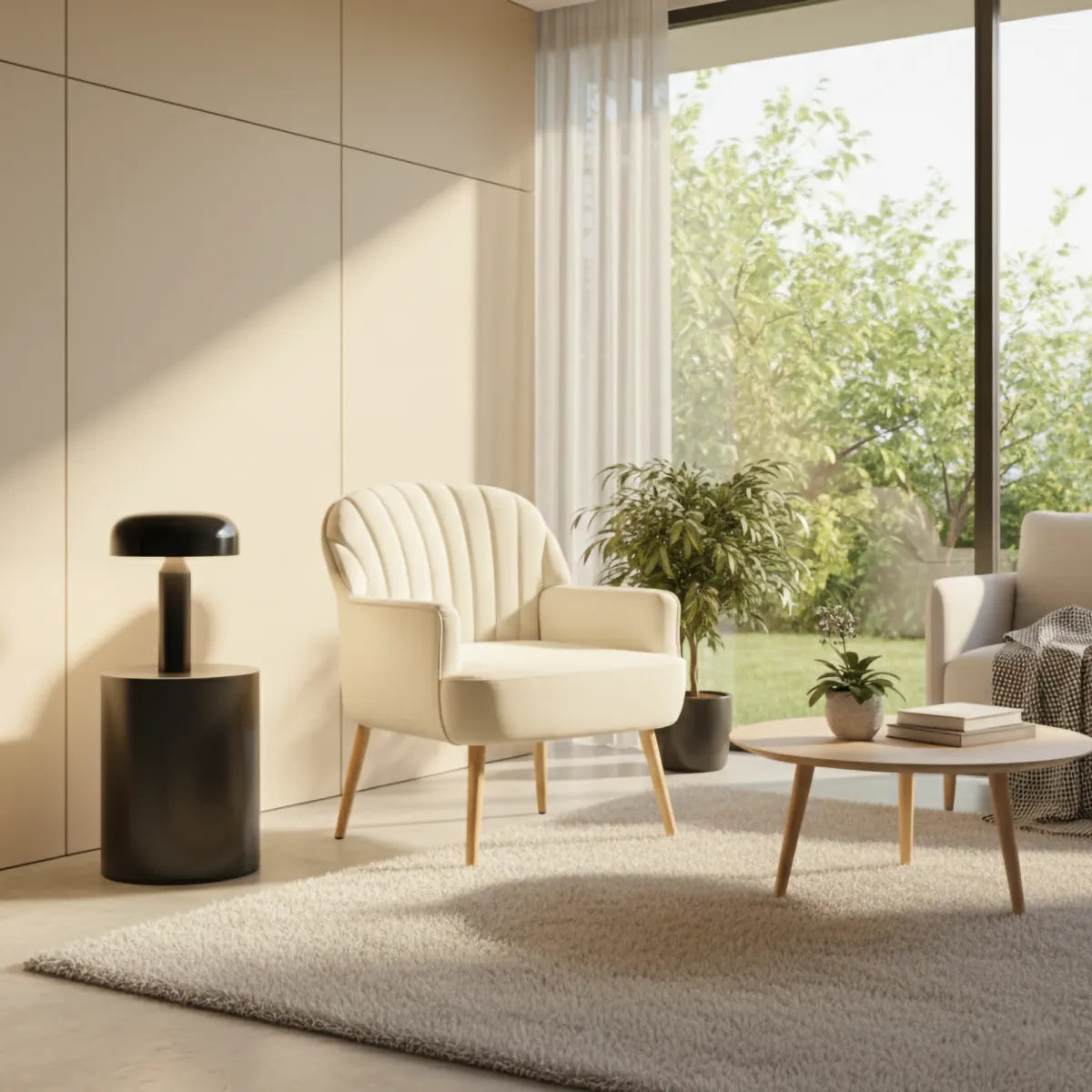 Velvet Accent Chair – Shell-Shaped Barrel Armchair with Metal Legs, Beige