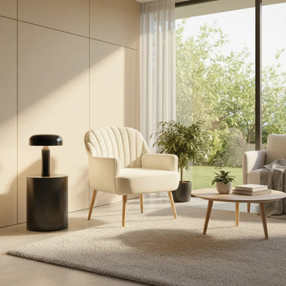 Velvet Accent Chair – Shell-Shaped Barrel Armchair with Metal Legs, Beige