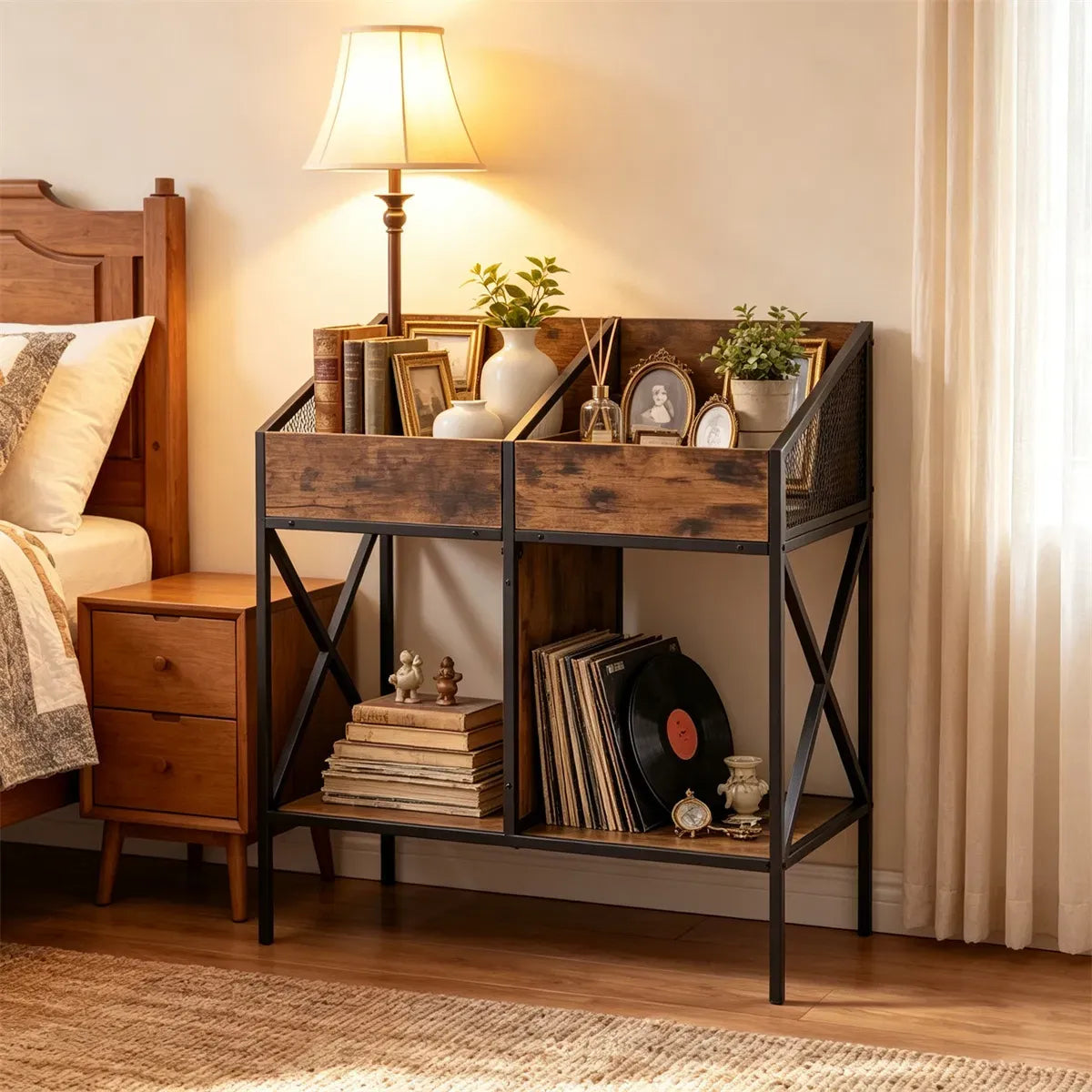 2-Tier Industrial Vinyl Record Storage Rack with Anti-Tipping Kit, Wood and Metal