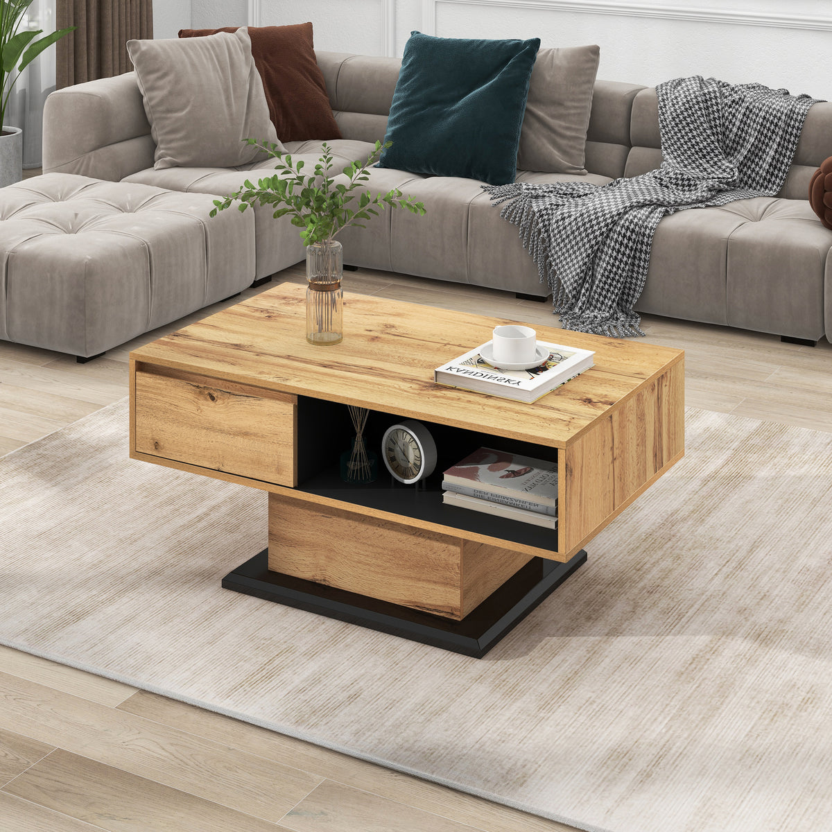 Wood grain coffee table with double-sided storage