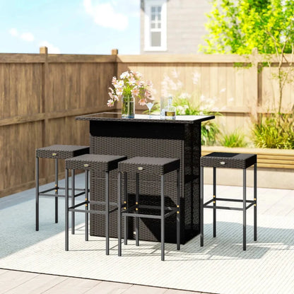 5-Piece Rattan Wicker Outdoor Bar Height Table and Stool Set, Brown