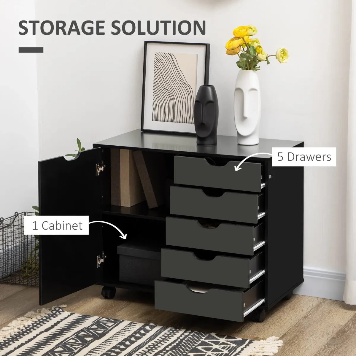 5-Drawer Mobile File Cabinet with Door and Adjustable Shelf, Black