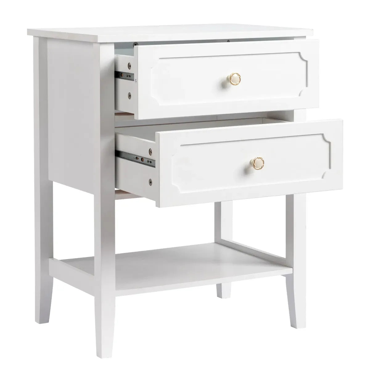 White Wood Nightstand with 2 Drawers and Open Shelf