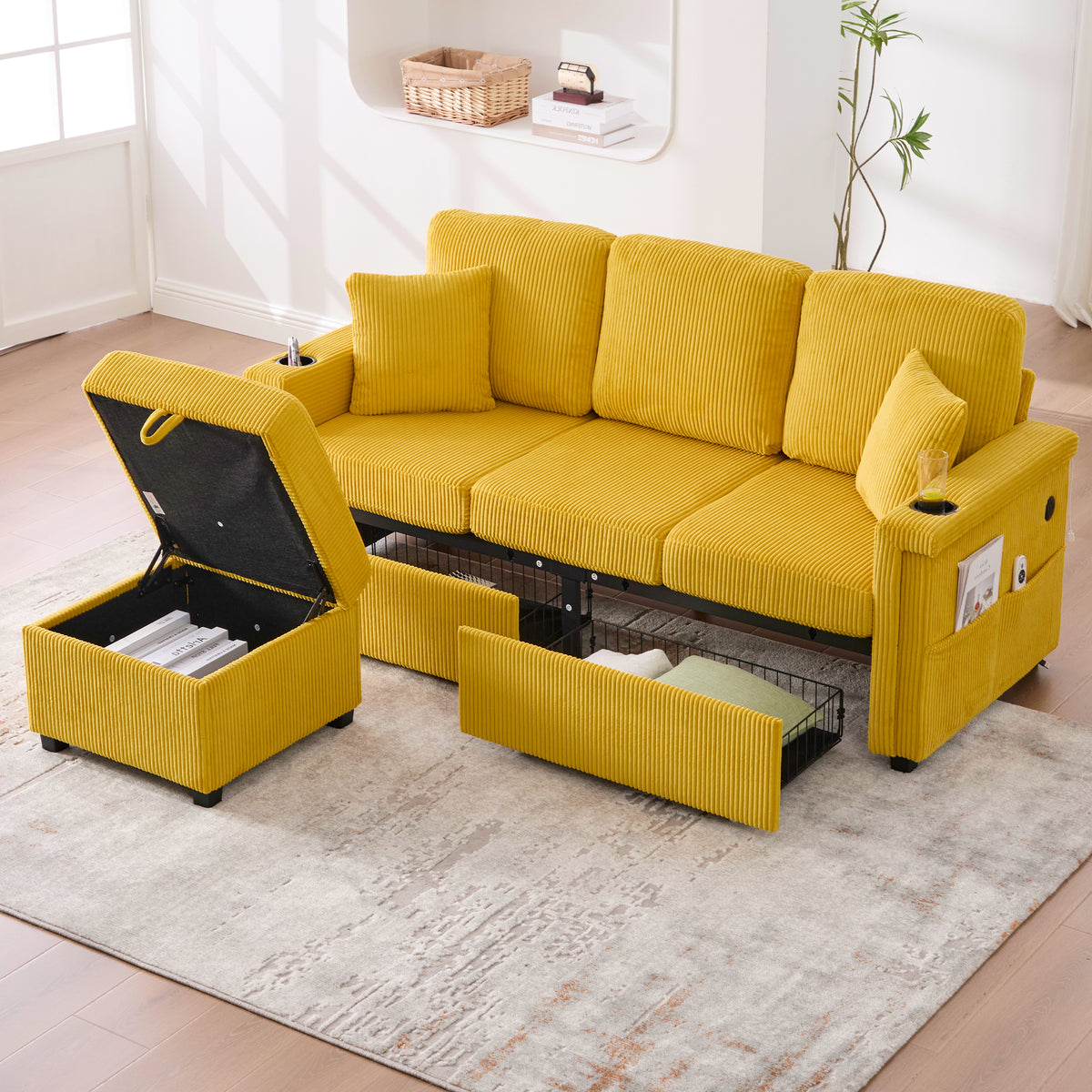 Modular Velvet Sofa with LED & USB-C, Mustard Yellow