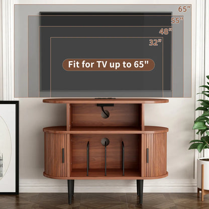 Round Record Player Stand with Charging Station, Walnut